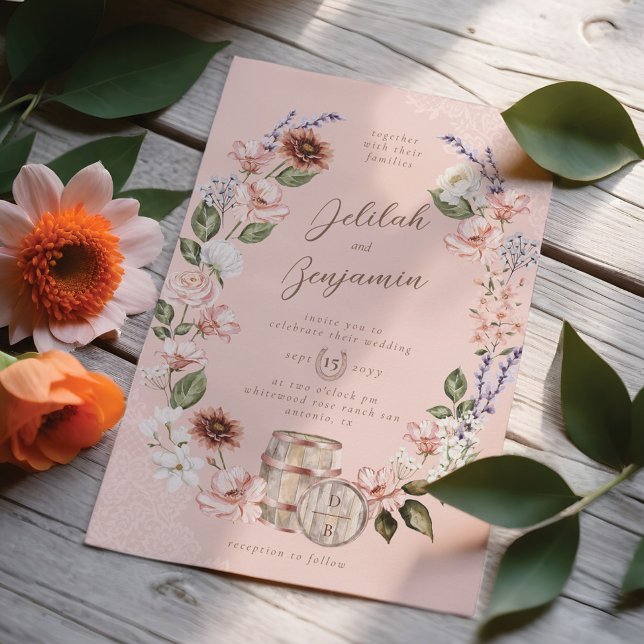 Vattenfärgade Blommigtar Westerna Monogram Vapensk Inbjudningar (Watercolor Florals Western Monogram Crest Wedding Invitation Front)