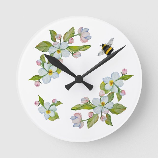 Vattenfärgade blommor av träd och humlor rund klocka (Framsida)
