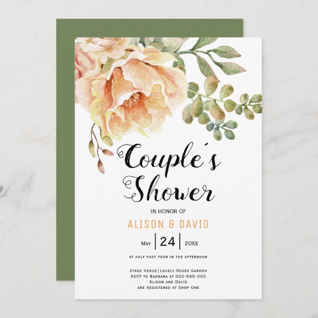 Vattenfärgade blommor blommigt bröllop par dusch inbjudningar (Fram/baksida)
