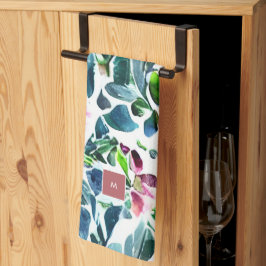 Vattenfärgade blommor botaniska i monogrammet kökshandduk