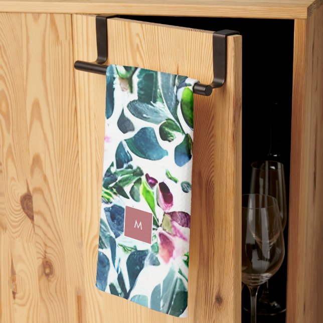 Vattenfärgade blommor botaniska i monogrammet kökshandduk (Thirds Fold)