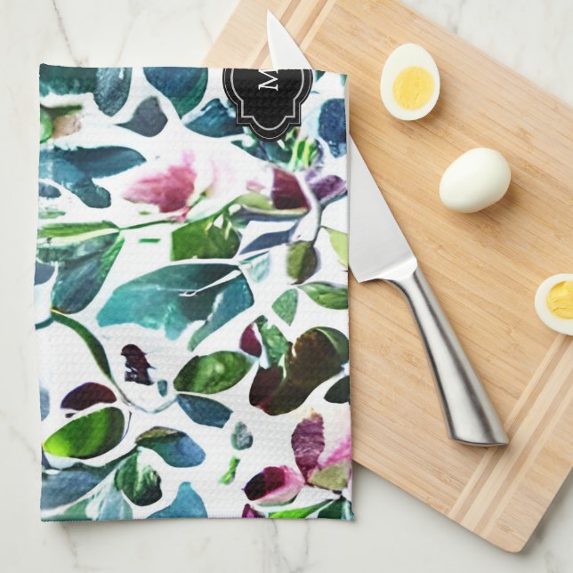 Vattenfärgade blommor botaniska mönster monogramma kökshandduk (Vikt i Fjärdedel)