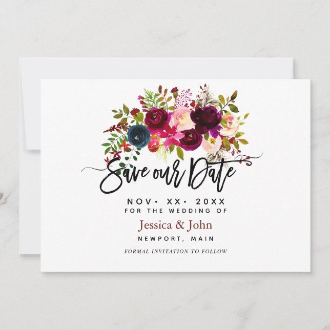 Vattenfärgade blommor i , burgundblått inbjudningar (Framsida)