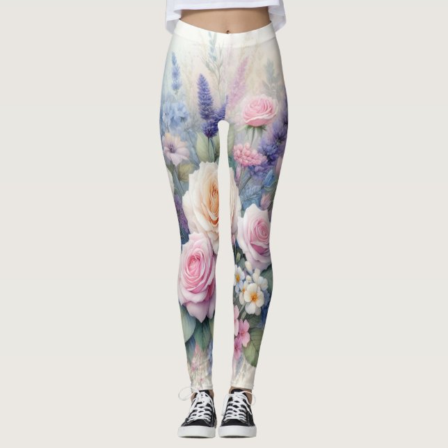 Vattenfärgade blommor i mjuk pastel färg leggings (Framsida)