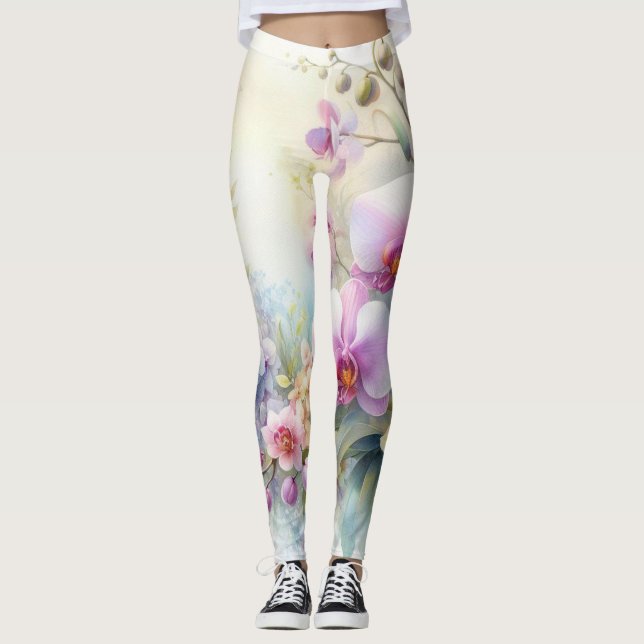 Vattenfärgade blommor i mjuk pastel färg leggings (Framsida)