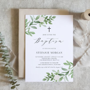 Vattenfärgade blommor och grön baptism inbjudningar