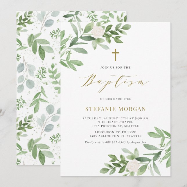 Vattenfärgade blommor och grön baptism inbjudningar (Fram/baksida)