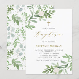 Vattenfärgade blommor och grön baptism inbjudningar