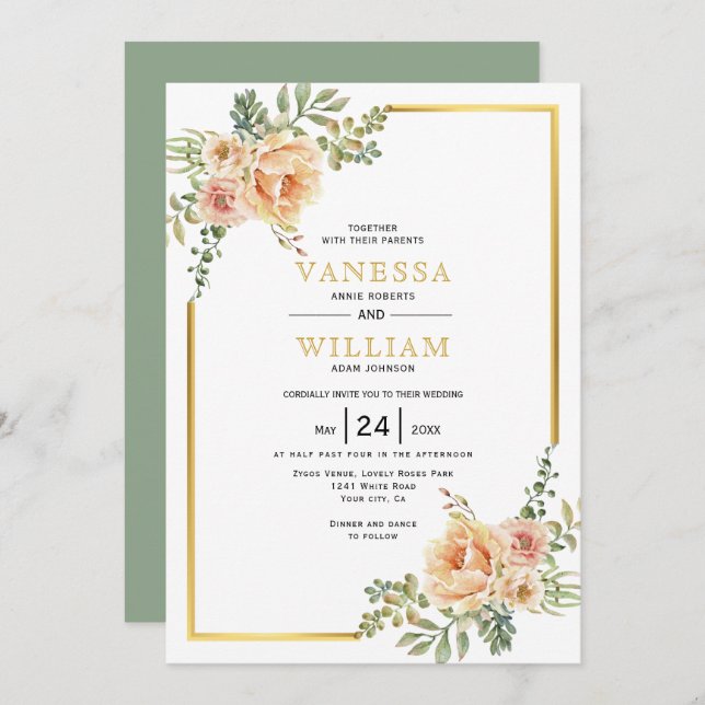 Vattenfärgade blommor och guld ram blommigt bröllo inbjudningar (Fram/baksida)