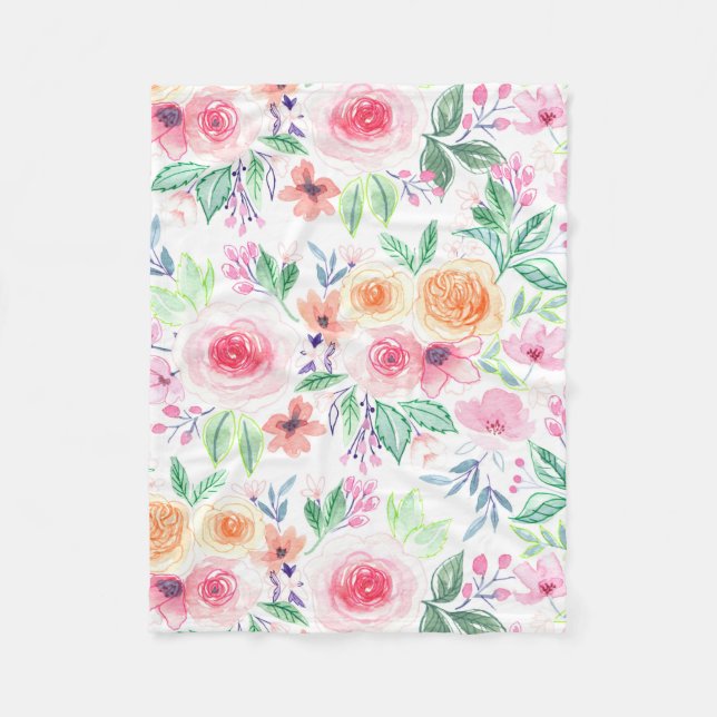 Vattenfärgade blommor och löv fleecefilt (Framsidan)