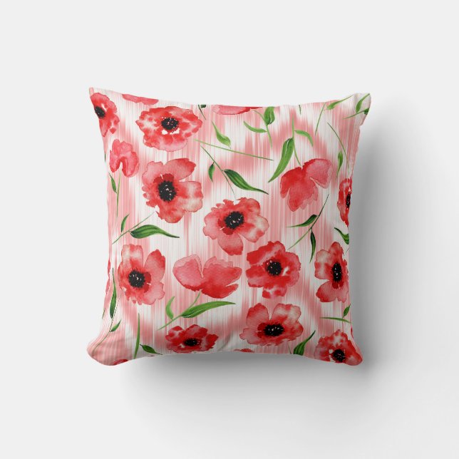Vattenfärgade blommor: vallmo peony ikat. kudde (Framsida)