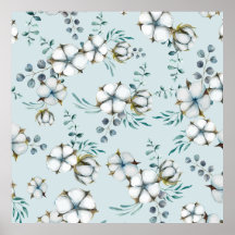 Vattenfärgade bomullsblommor och eukalyptus