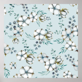 Vattenfärgade bomullsblommor och eukalyptus poster