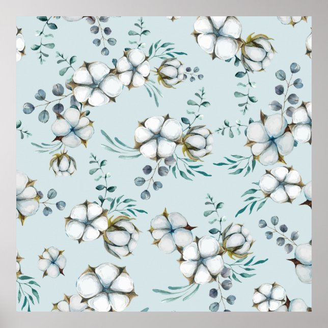 Vattenfärgade bomullsblommor och eukalyptus poster (Framsidan)