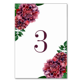 Vattenfärgade burgundblommor. Dahlias bröllop Bordsnummer