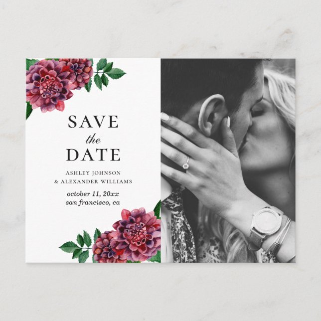 Vattenfärgade burgundblommor. Spara datum i måndag Vykort (Framsida)