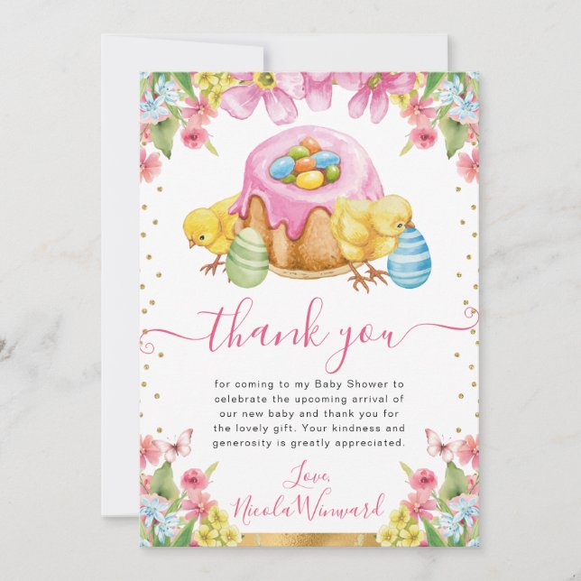Vattenfärgade Chickar Kake Vår Påsk Baby Shower Tack Kort (Framsida)
