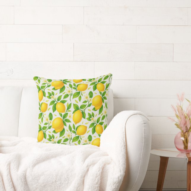 Vattenfärgade citroner och Blommar - Färsk citrusf Kudde (Soffa)
