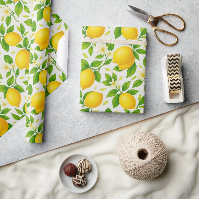 Vattenfärgade citroner och Blommar - Färsk citrusf Presentpapper (Hantverk)