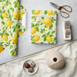 Vattenfärgade citroner och Blommar - Färsk citrusf Presentpapper