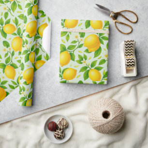 Vattenfärgade citroner och Blommar - Färsk citrusf Presentpapper