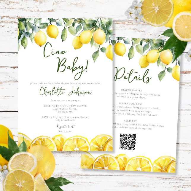 Vattenfärgade citrusfrukter i en babyskal inbjudningar (Watercolor Lemon Citrus All In One Baby Shower Invitation)