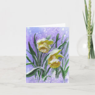 Vattenfärgade Daffodils i Snö med blank inuti Kort