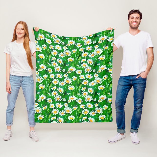 Vattenfärgade Daisy i Grönt Fält Fleecefilt (På plats)
