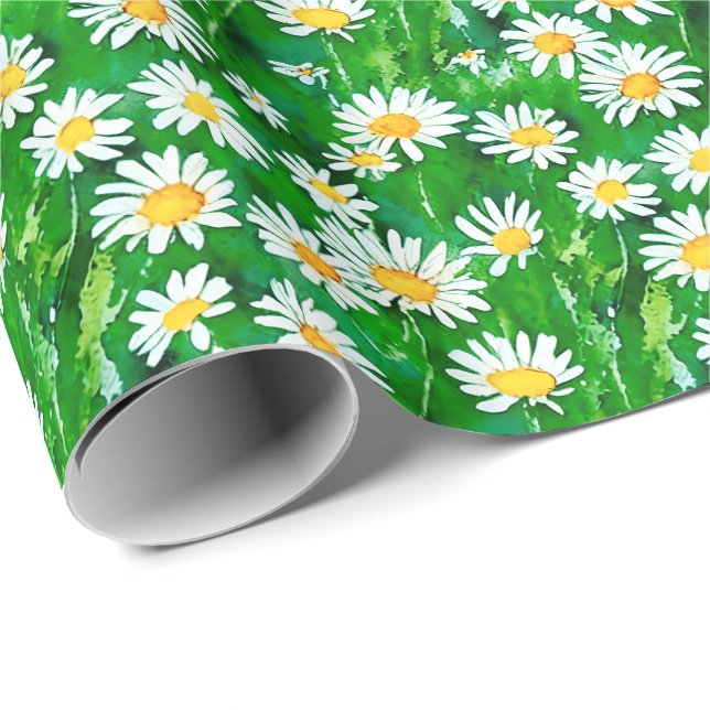 Vattenfärgade Daisy i Grönt Fält Presentpapper (Rullad Hörn)