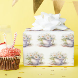 Vattenfärgade Daisy i kaffe Kopp med sågverk Presentpapper