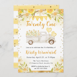 Vattenfärgade Daisy Lastbil och Blommor 21:a födel Inbjudningar