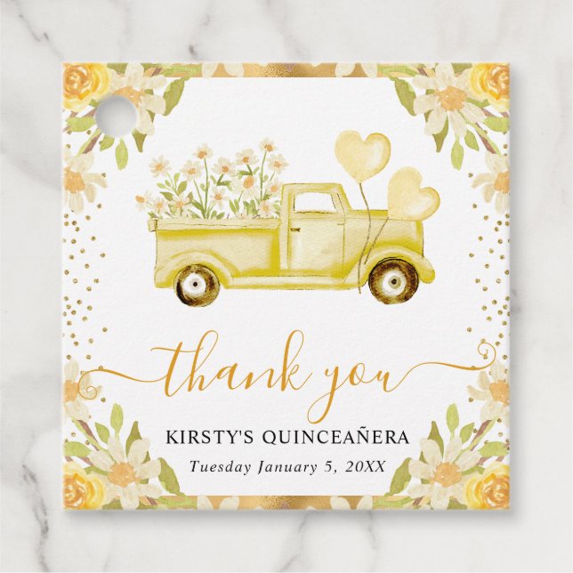 Vattenfärgade Daisy Lastbil och Blommor Quinceaner Gåvor Etiketter (Framsida)