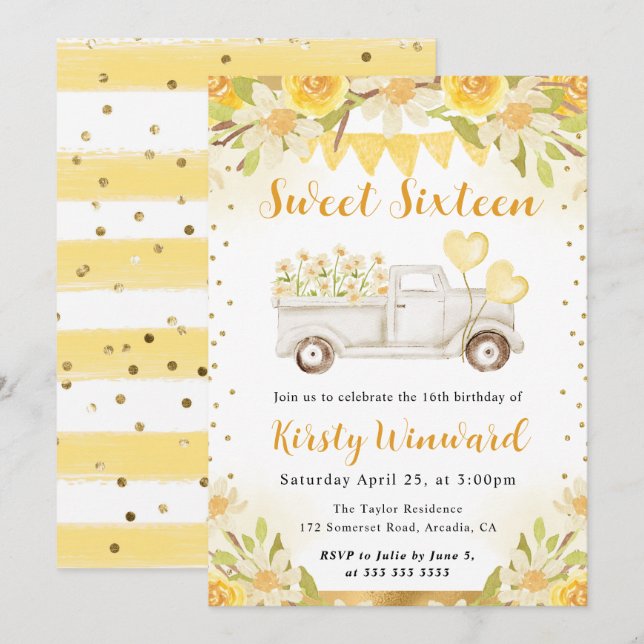 Vattenfärgade Daisy Lastbil och Blommor Sweet sixt Inbjudningar (Fram/baksida)