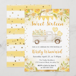 Vattenfärgade Daisy Lastbil och Blommor Sweet sixt Inbjudningar