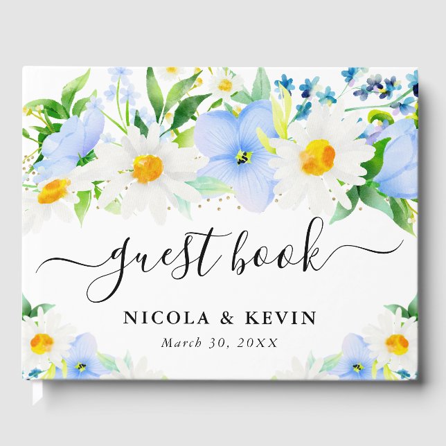 Vattenfärgade Daisy och Blåa blommor Bröllop Gästböcker (Framsida)