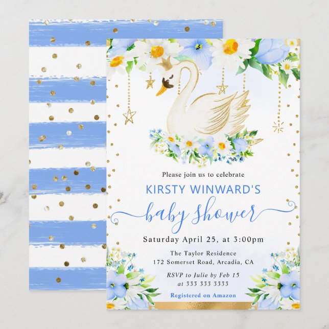 Vattenfärgade Daisy och Blåa blommor Svan Babykläd Inbjudningar (Fram/baksida)