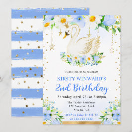 Vattenfärgade Daisy och Blåa blommor Svan födelsed Inbjudningar