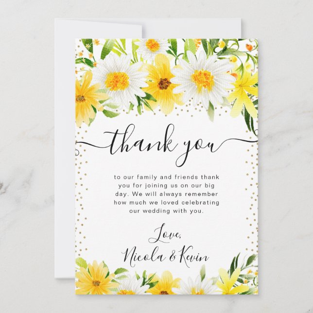 Vattenfärgade Daisy och Gula blommor Bröllop Tack Kort (Framsida)