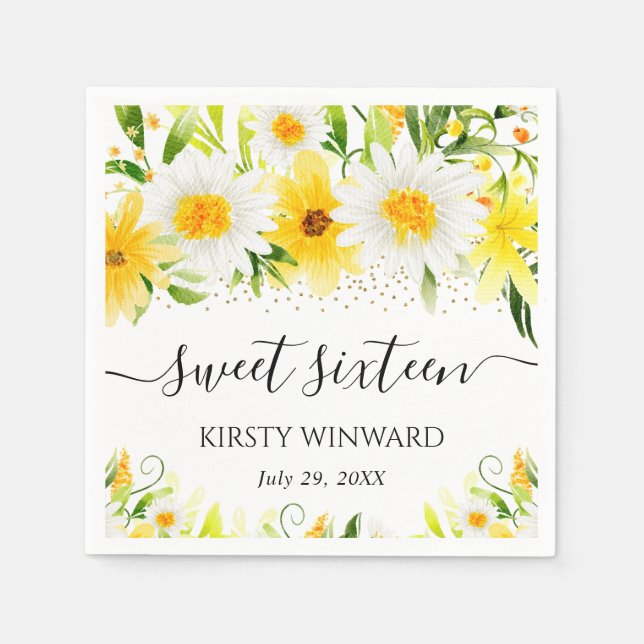 Vattenfärgade Daisy och Gula blommor Sweet sixteen Pappersservett (Framsidan)