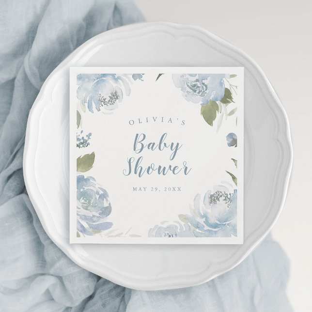 Vattenfärgade dammiga blåa blommigt-blöjor pappersservett (Watercolor dusty blue floral baby shower napkins)