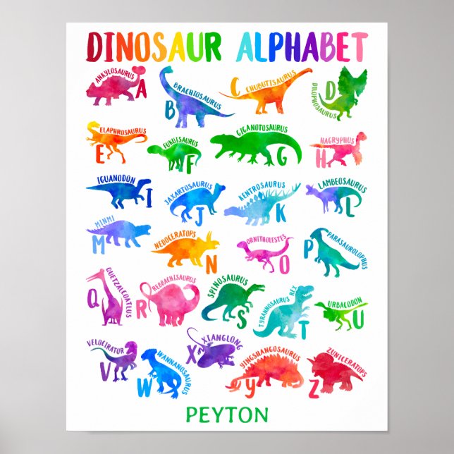 Vattenfärgade Dinosaur Alphabet Colorful Dino Kids Poster (Framsidan)
