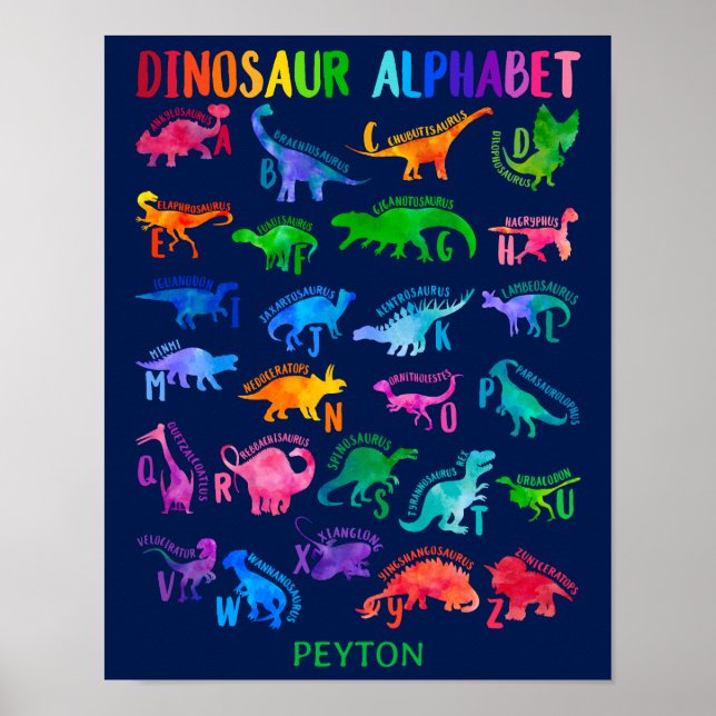 Vattenfärgade Dinosaur Alphabet Colorful Dino Kids Poster (Framsidan)