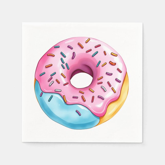 Vattenfärgade Donut med Icing och Sprinkles på Whi Pappersservett (Framsidan)