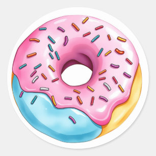 Vattenfärgade Donut med Icing och Sprinkles på Whi Runt Klistermärke