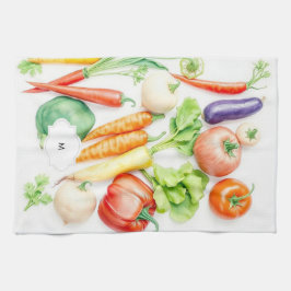 Vattenfärgade grönsaker mönster monogrammet kökshandduk