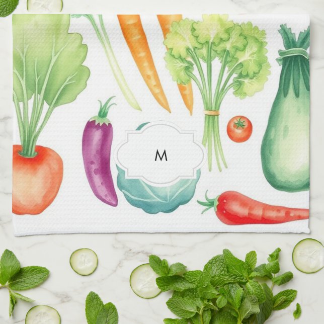 Vattenfärgade grönsaker mönster monogrammet kökshandduk (Vikta)