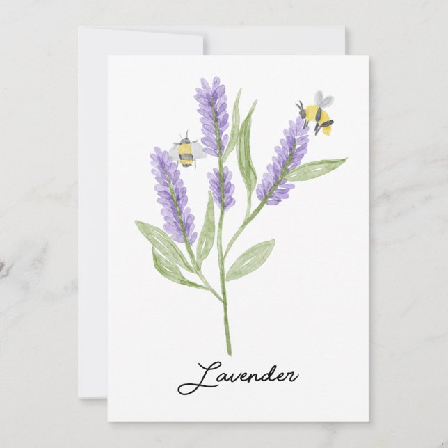Vattenfärgade handmålade lavenderblommor och bin inbjudningar (Framsida)