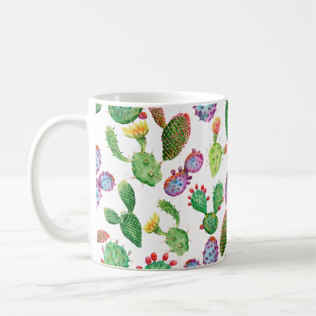 Vattenfärgade handmålade tropiska kaktus. Sömlös  Kaffemugg (Vänster)