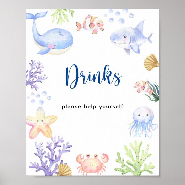 Vattenfärgade havsdjur, babydusch - Drinks Poster (Framsidan)