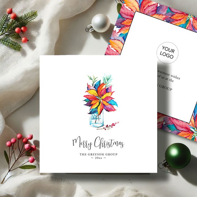Vattenfärgade Helgdagskort Vibrant Poinsettia Julkort (Business Christmas cards with logo watercolor poinsettia art by Victoria Grigaliunas Do Tell A Belle)